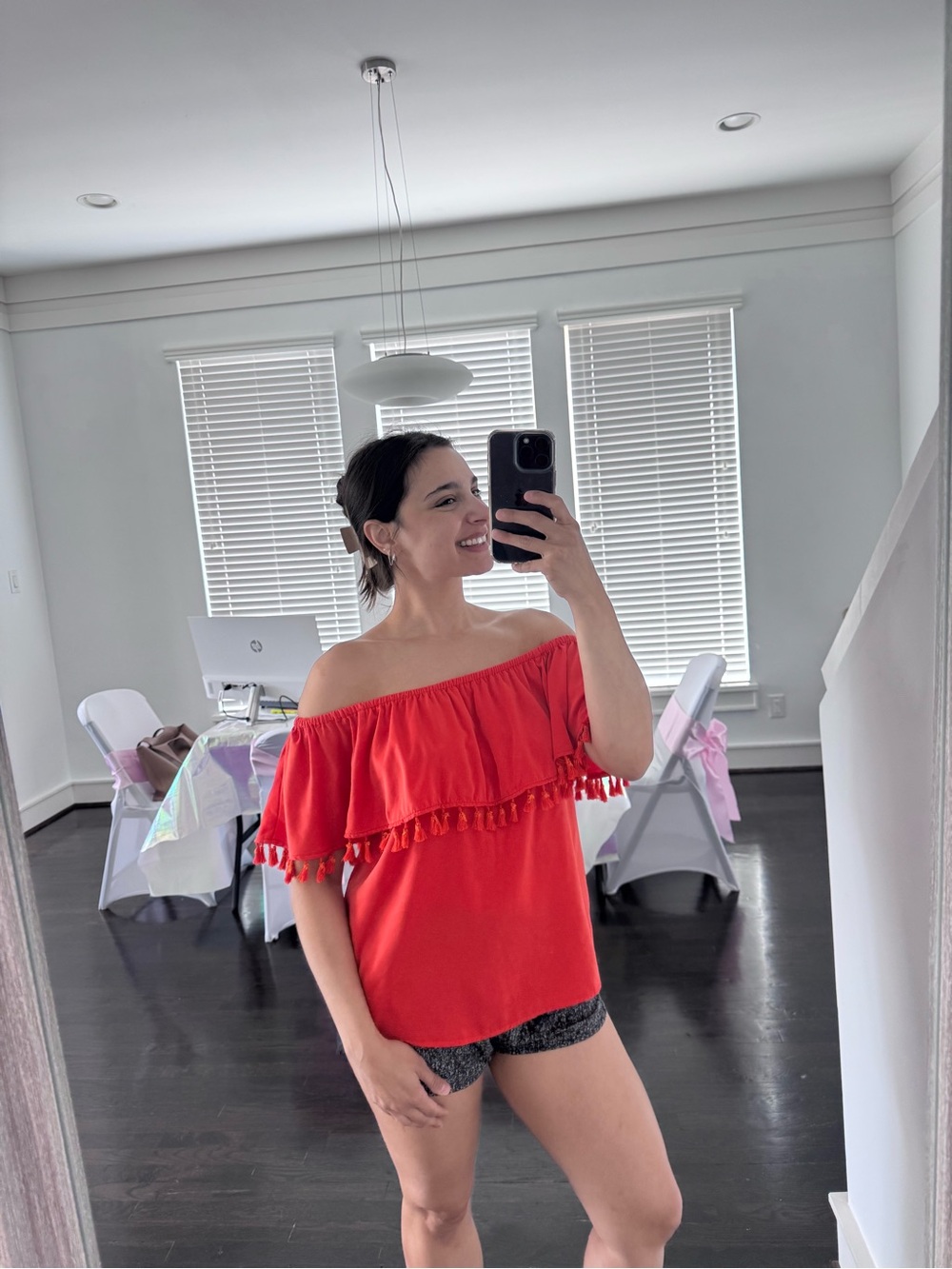 INC International Concepts Red Off-Shoulder Tassel Top